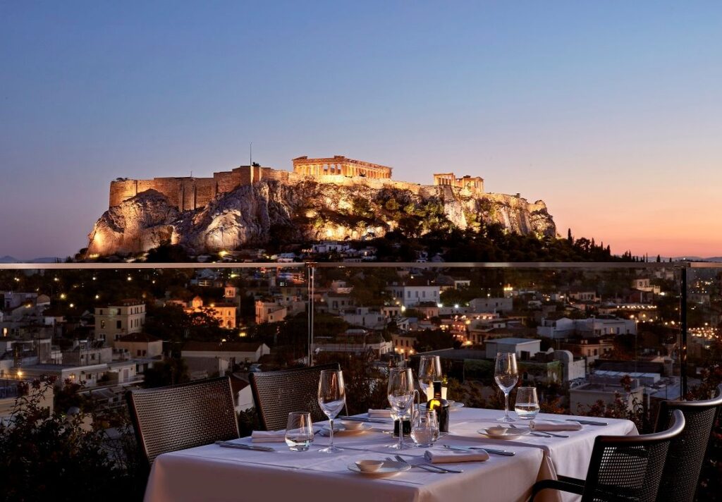 View to Acropolis Hill at night from Electra Metropolis Hotel.Where to Stay in Plaka Athens.