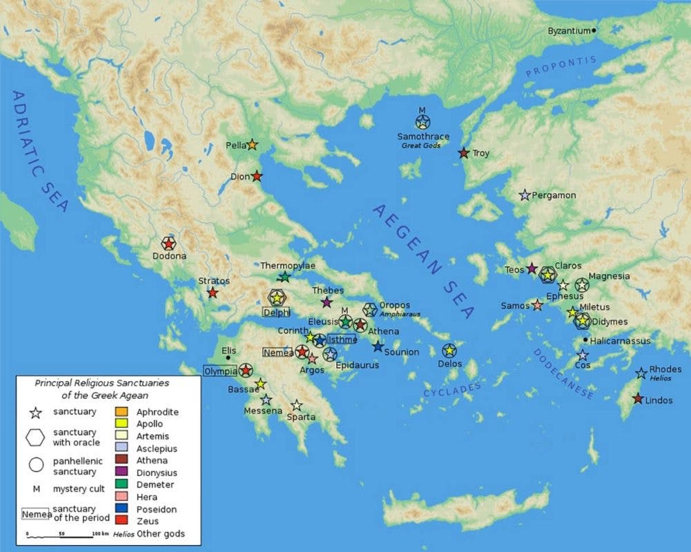 Map of ancient greek sanctuaries. Acropolis of Athens.