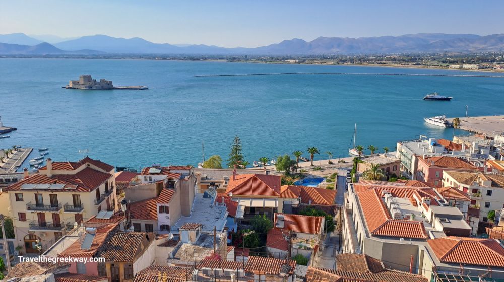 Overview of Nafplio town with Bourtzi castle in the sea. 