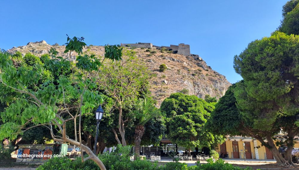 Palamidi castle and the central park of Nafplio. 