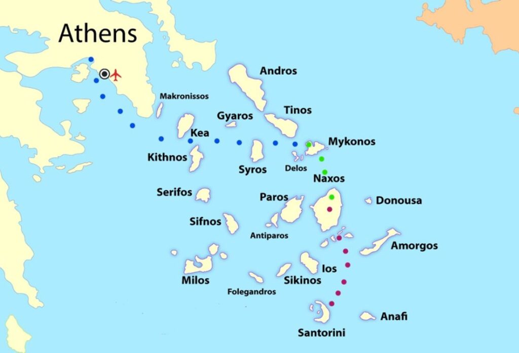 Greece 10-day itinerary: Dotted itinerary between the islands and Athens