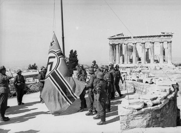 Nazis raising their flag on Acropolis