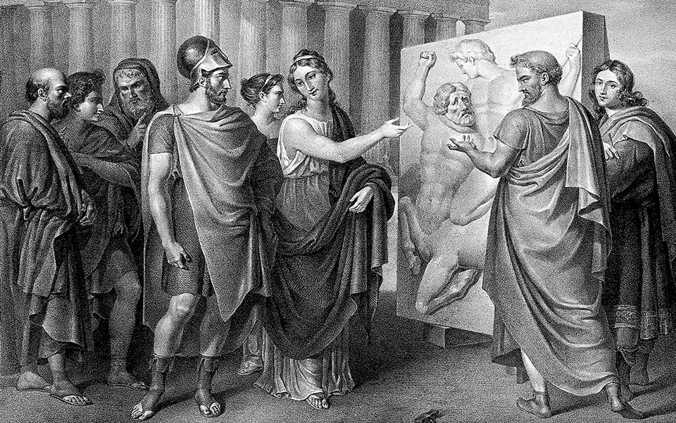 Pericles with his companion Aspasia discuss with Pheidias the Parthenon. Acropolis of Athens.