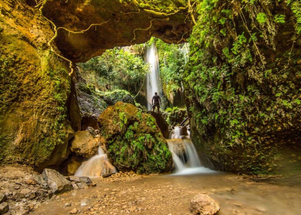 Water fall and a man with a lot of plants in Nemouta Water falls in Ancient Olympia Greece.