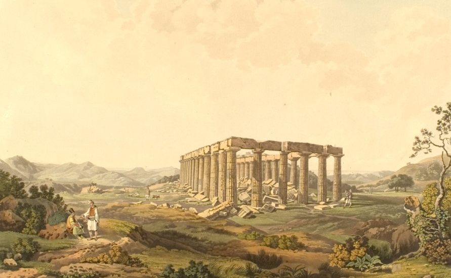 Old painting of The Temple of Apollo Epicurius by Edward Dodwell. Temple of Apollo Epicurius at Bassae of Phigaleia