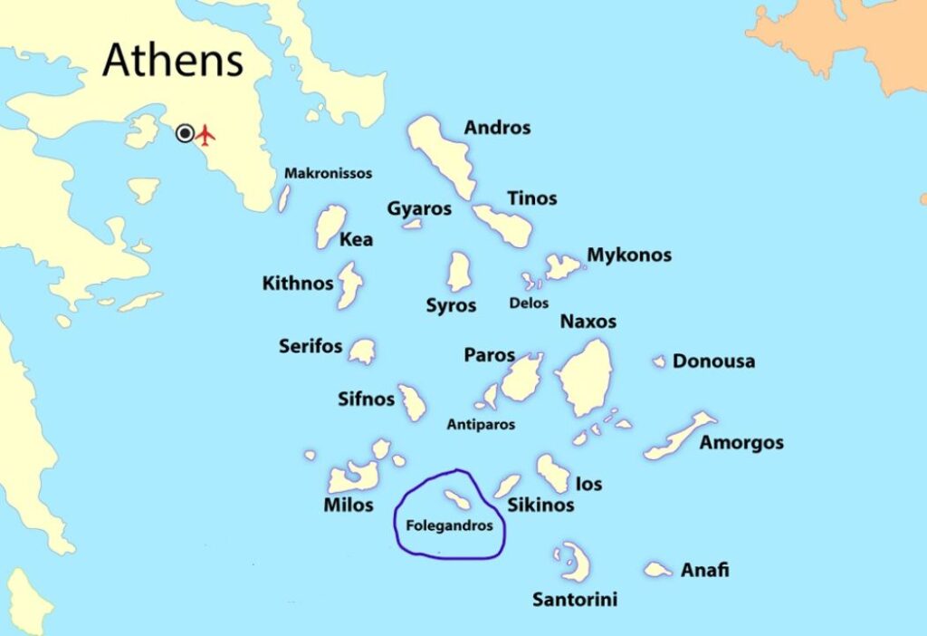 Map of the Cyclades islands in Greece with Folegandros circled. The map highlights the various islands in the Aegean Sea, including Mykonos, Santorini, Naxos, and Paros, among others. Athens is marked at the top left, showing its relative position to the islands. Folegandros is centrally located in the southern part of the Cyclades group, emphasizing its location within this popular Greek island chain.