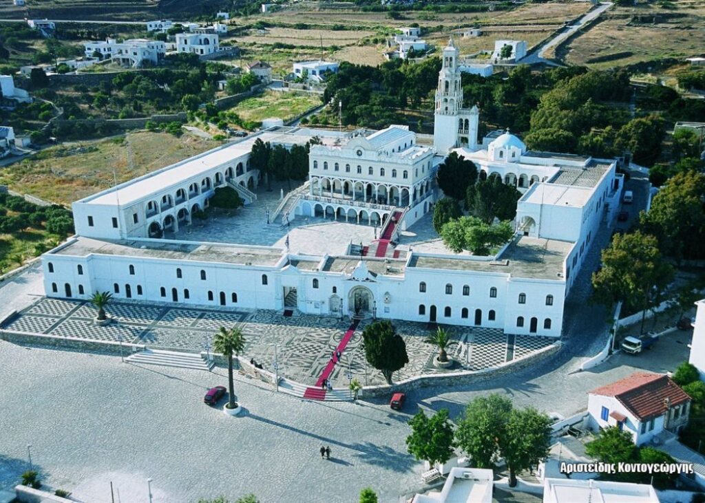 The Shrine of Panagia Evangelistria taken from a drone. Greek Orthodox Easter in Tinos.
