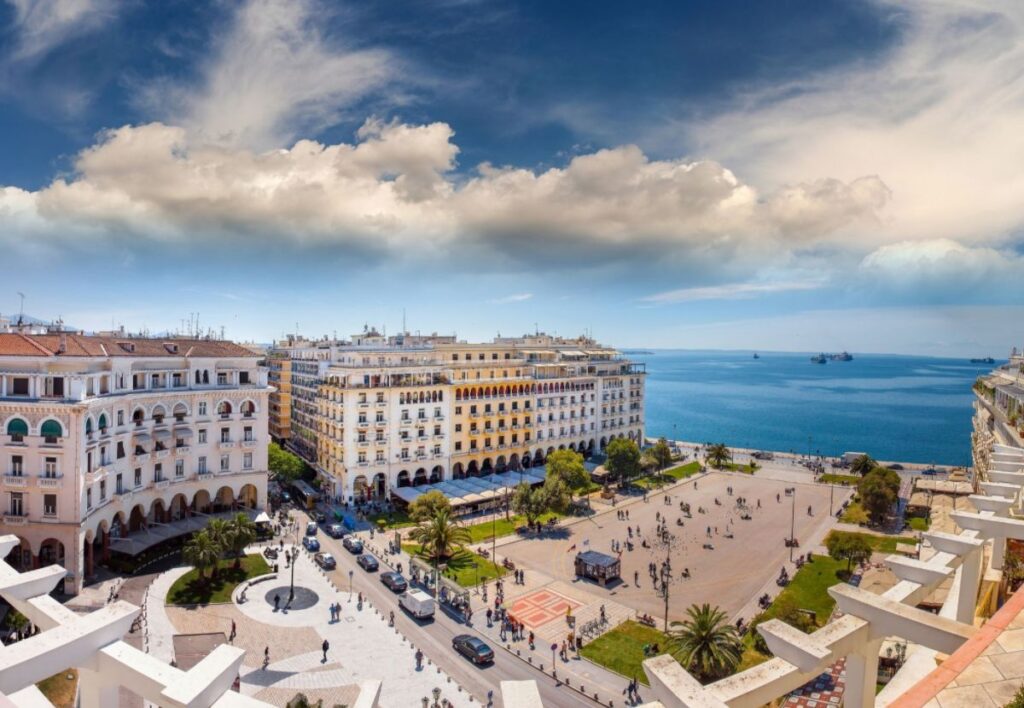 Greece in November., Thessaloniki main square with large buildings near the sea