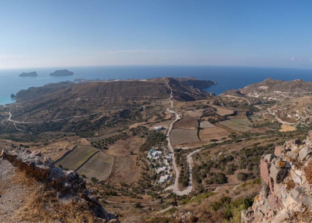 Greek Island hiking, milos island in Greece overview from a mountain