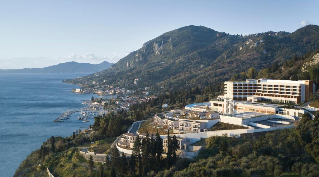 A view from a drone to Angsana Corfu Resort beside the sea.