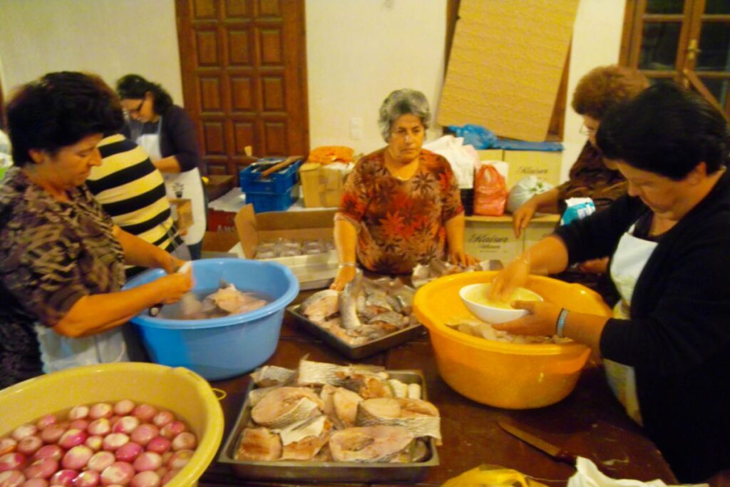 Six women preparing local food in Sikinos Island.