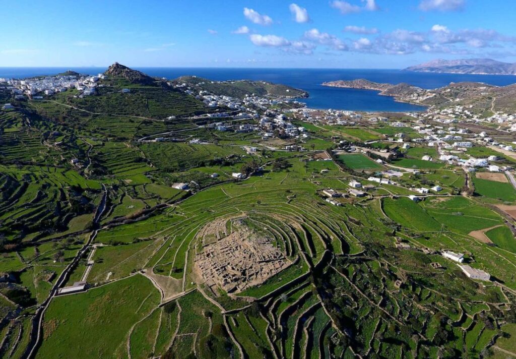 A view to Skarkos Bronze in Ios Island taken from a drone.