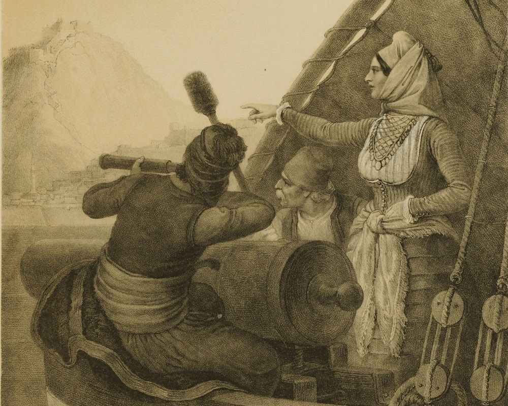 "A historical drawing depicting a scene on a ship. A man in traditional attire is looking through a telescope towards a coastal fortress, while a woman in elaborate clothing, possibly a historical figure, points in the same direction. An elderly man stands beside a cannon on the deck. The background shows a mountainous coastline with a fortified town. The image portrays a moment of navigation or strategy, with detailed period costumes and nautical elements, reflecting a scene from a historical narrative."