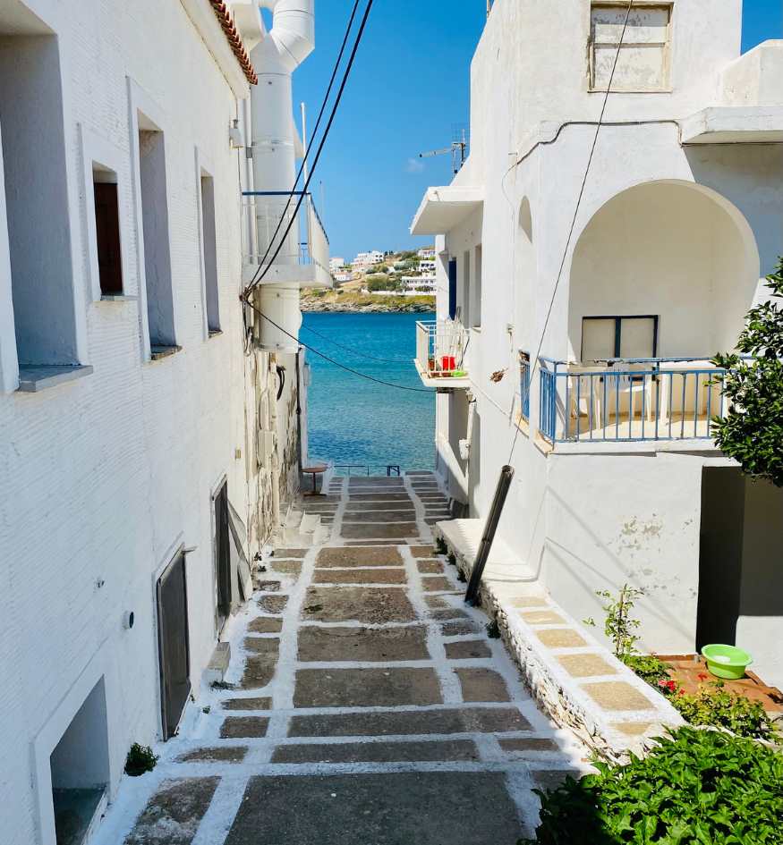 Narrow whitewashed stone alleys lined with spring flowers in a traditional village on Andros island, Greece in April.