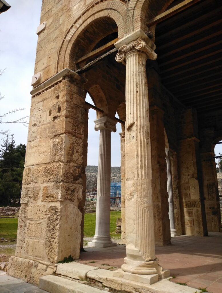 The Byzantine Daphni Monastery in Athens, ancient column