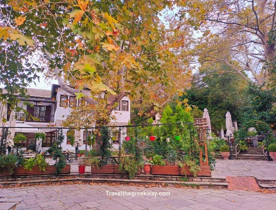 Autumn view of Portaria’s main square, with trees in fall colors and charming village houses.