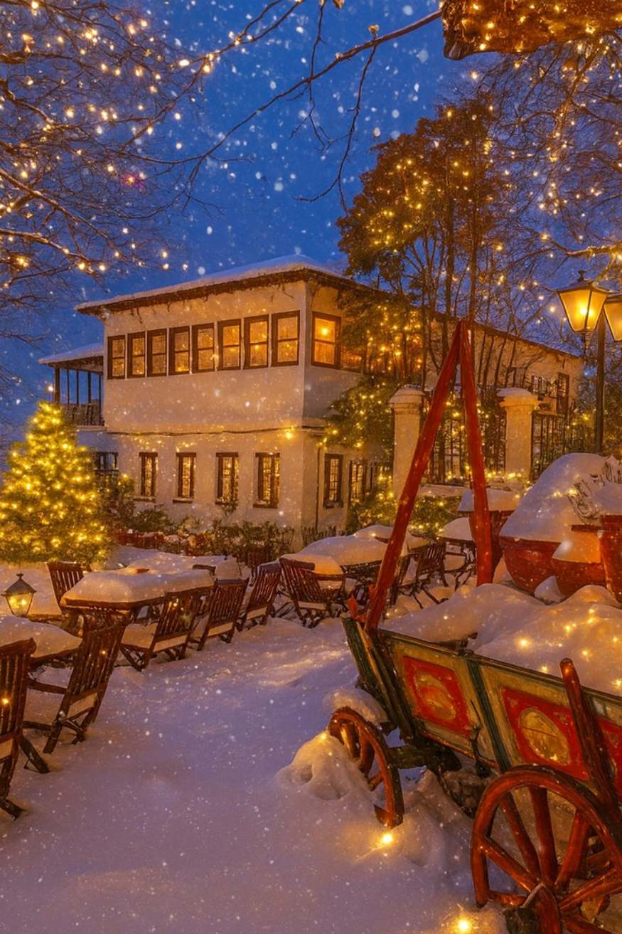 Christmas decorated Portaria's square with snow and a brightly lit house.