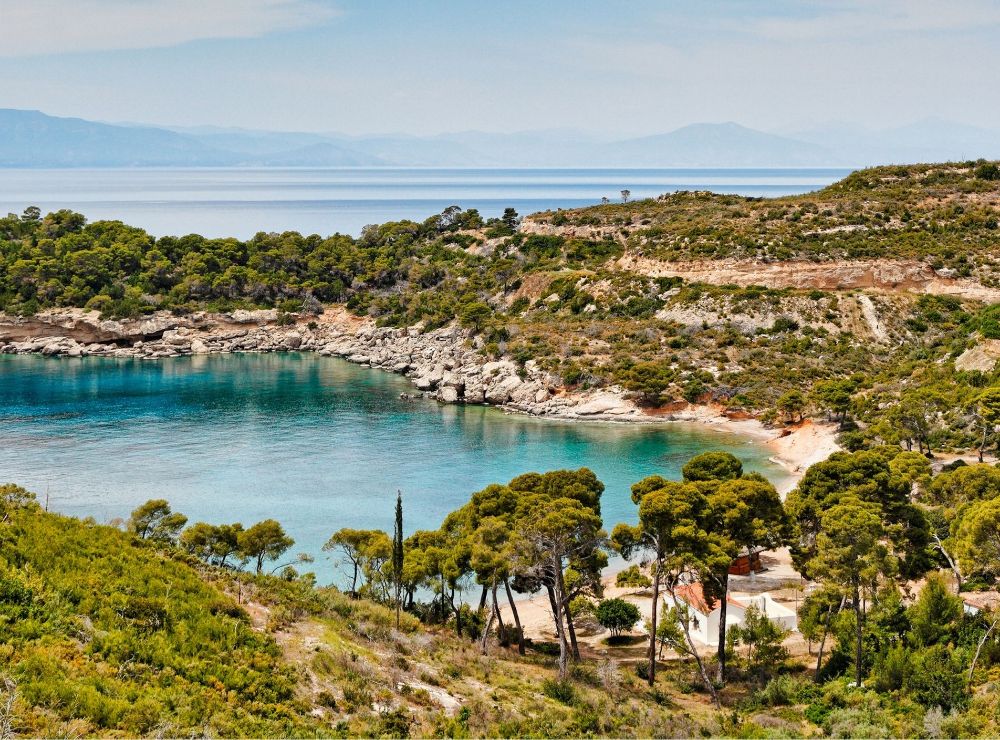 "A scenic view of a sheltered bay with calm, turquoise waters surrounded by rocky cliffs and dense, green vegetation. The coastline is rugged, with a mix of rock formations and small patches of sandy beach. Tall pine trees line the foreground, leading to a white building nestled among the trees on the right side. Distant hills and a serene sea stretch out towards the horizon, with a clear sky overhead. The landscape creates a peaceful and natural coastal vista."