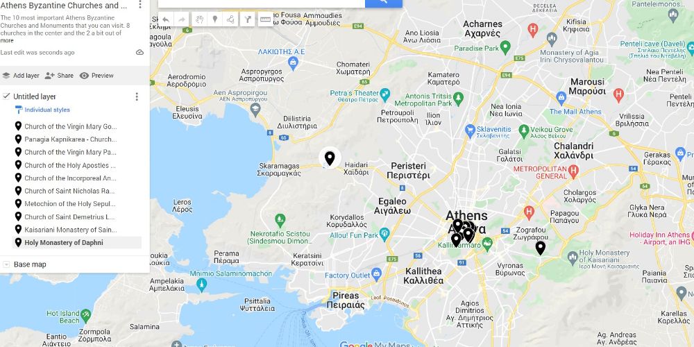 Athens Byzantine Churches, google map