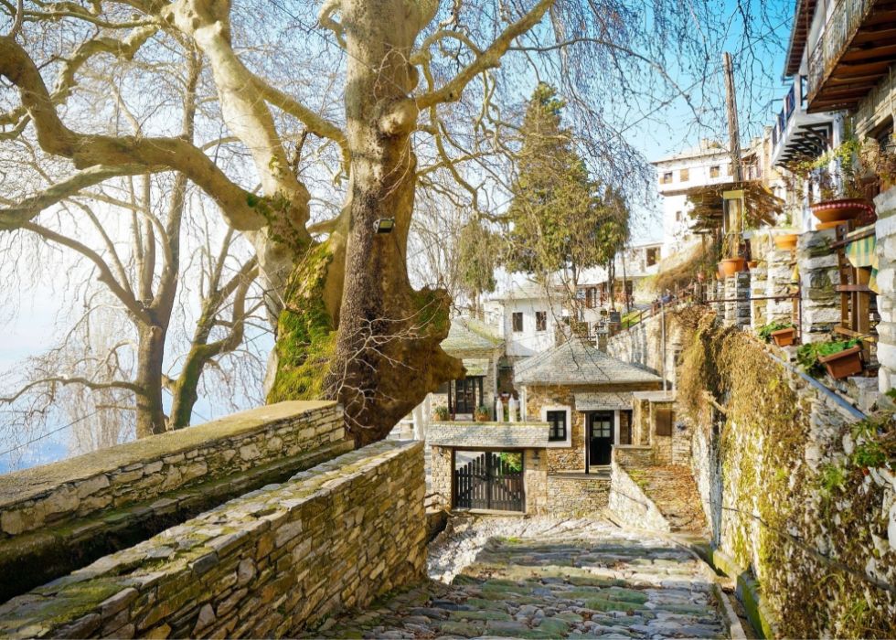 A stone house in autumn in Makrinitsa Alley Pelion Greece.