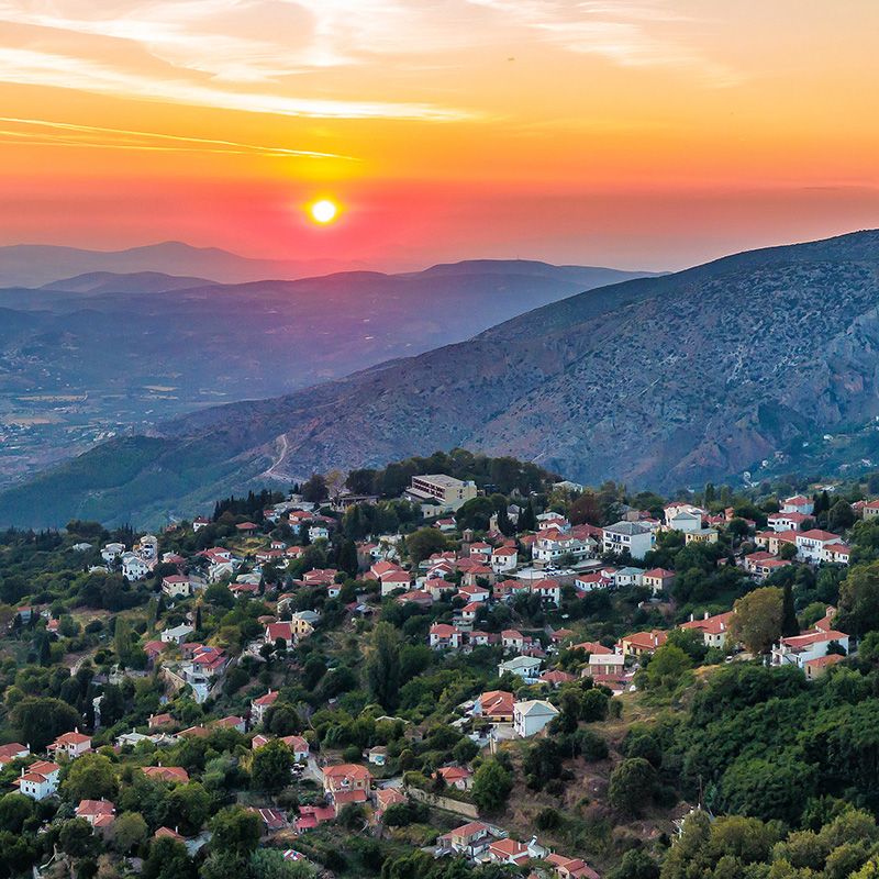 Pelion  mountai Village in sunset taken from a drone.