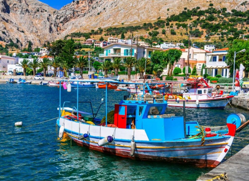 Vrontados Village and some fishing boats in a sunny day.