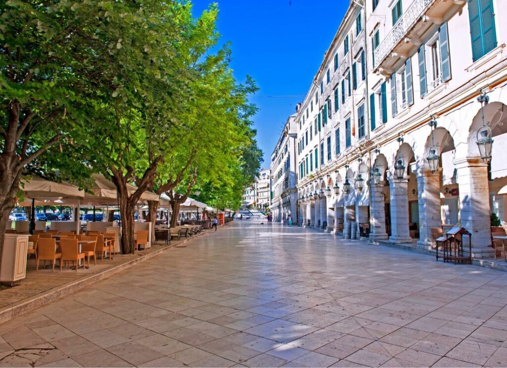  Liston area in Corfu and many tables and chairs. Best things to do on Corfu island.