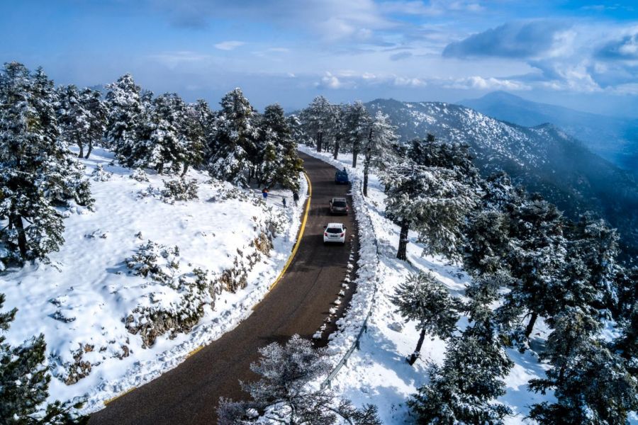 Greece in Winter, car driving in snowy Greece