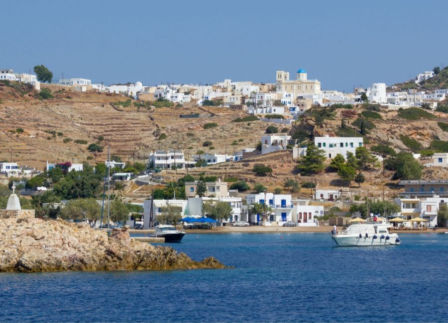 Psathi port with small fishing boats in the Cyclades. 