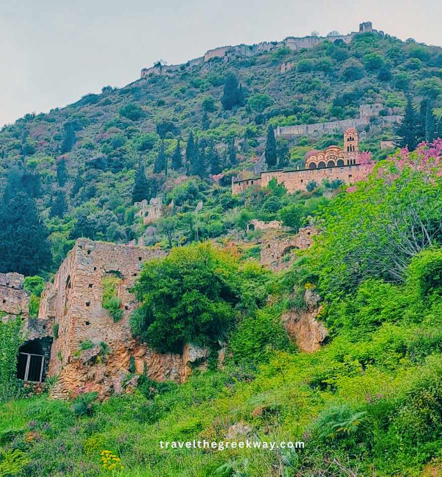 Lush green hillside featuring the ruins of Mystras, including a well-preserved Byzantine church with terracotta-colored domes and arched windows.