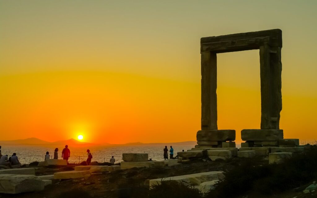 Sunset in Portara in Naxos Greece