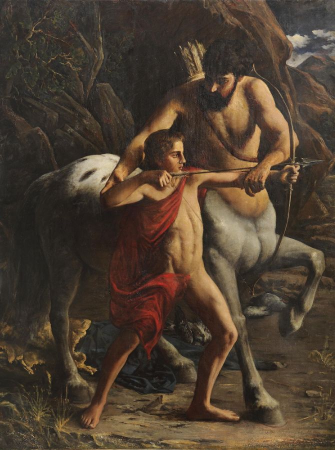 Vintage Centaurus Chiron training young Achilleas - Oil by Ioannis Doukas 1873