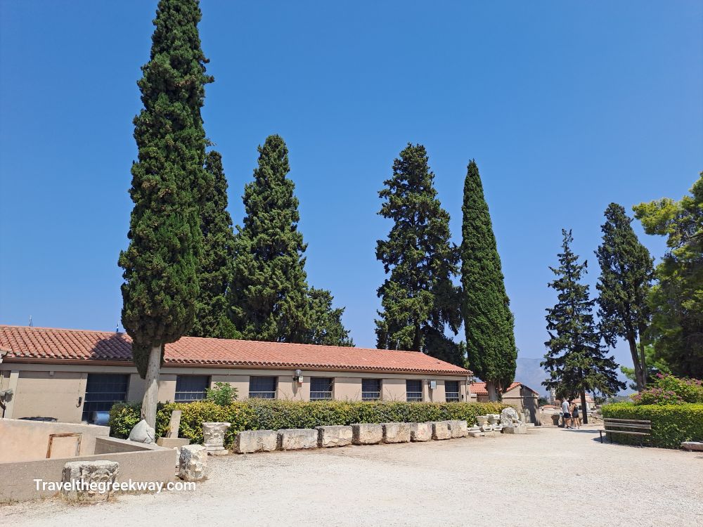  A path surrounded by cypress trees leads to the museum building at Ancient Corinth, with blue skies overhead.