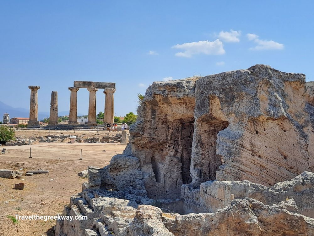 Ancient Corinth's Temple of Apollo in the background, with Glauke Fountain.