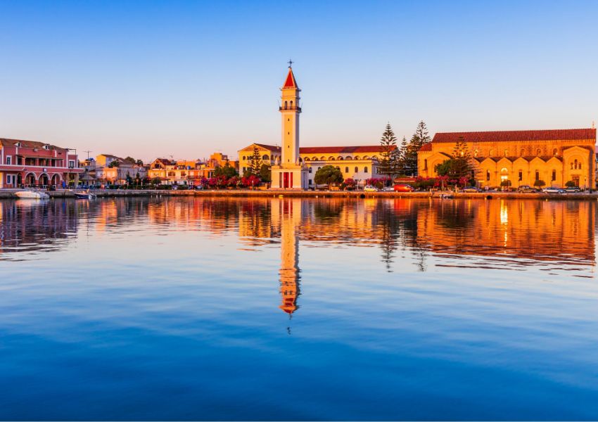 Things to do on Zakynthos Island: Zakynthos town and Agios Dionysios church in sunrise 