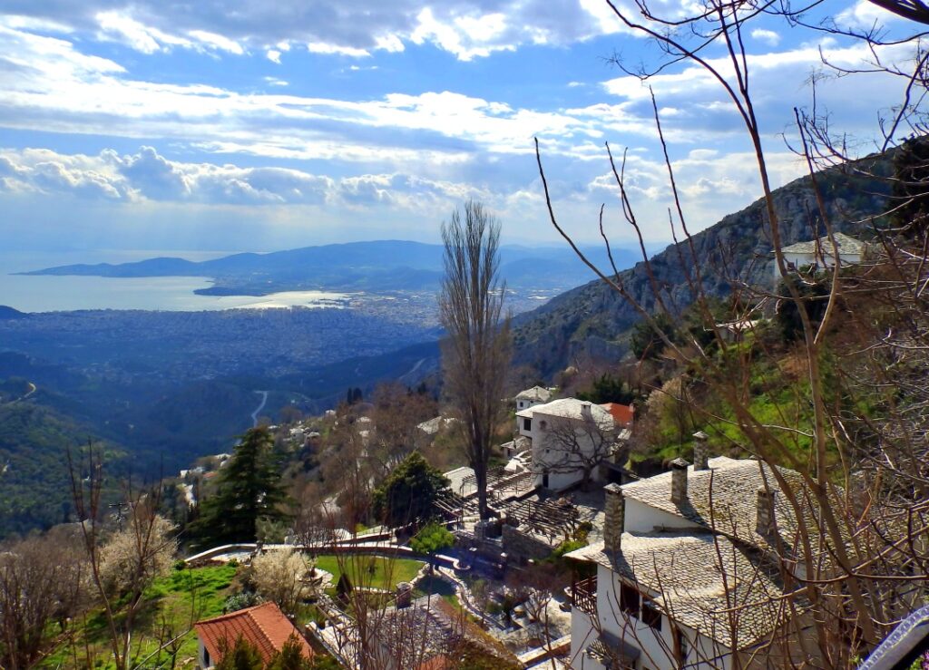 Makrinitsa village with a beautiful view to the sea with blue sky in Pelion Greece.