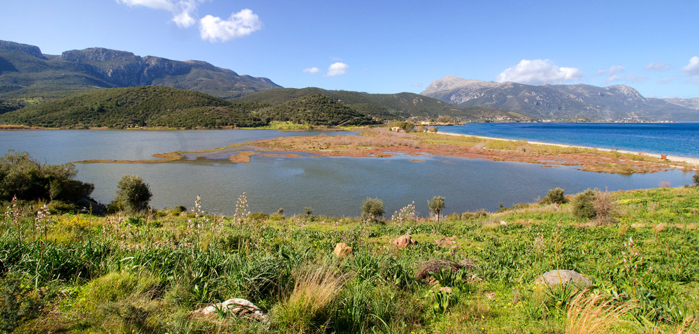Thermisia lagoon with a lot of green in Peloponnese Greece.