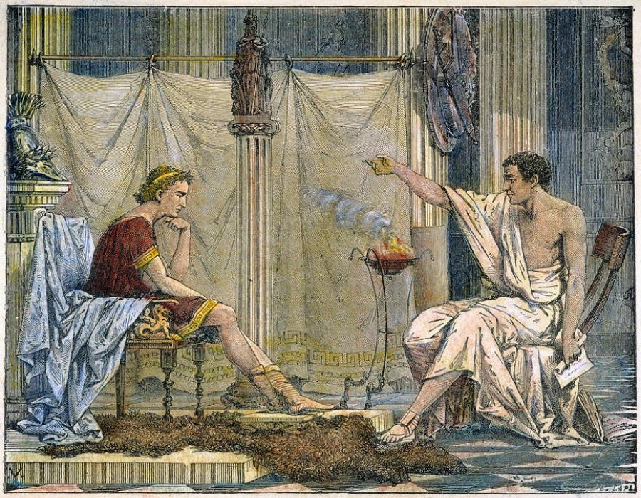 Aristotle teaching Alexander: Engraving by Charles Laplante, a French engraver and illustrator.