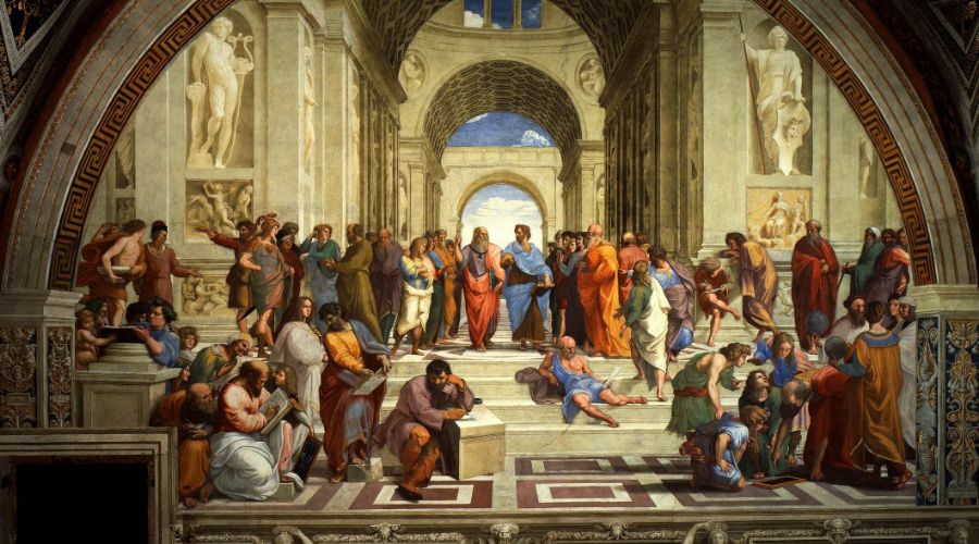Raphael, School of Athens, 1509-1511, fresco (Stanza della Segnatura, Palazzi Pontifici, Vatican) - Plato and Aristotle right in the middle walking