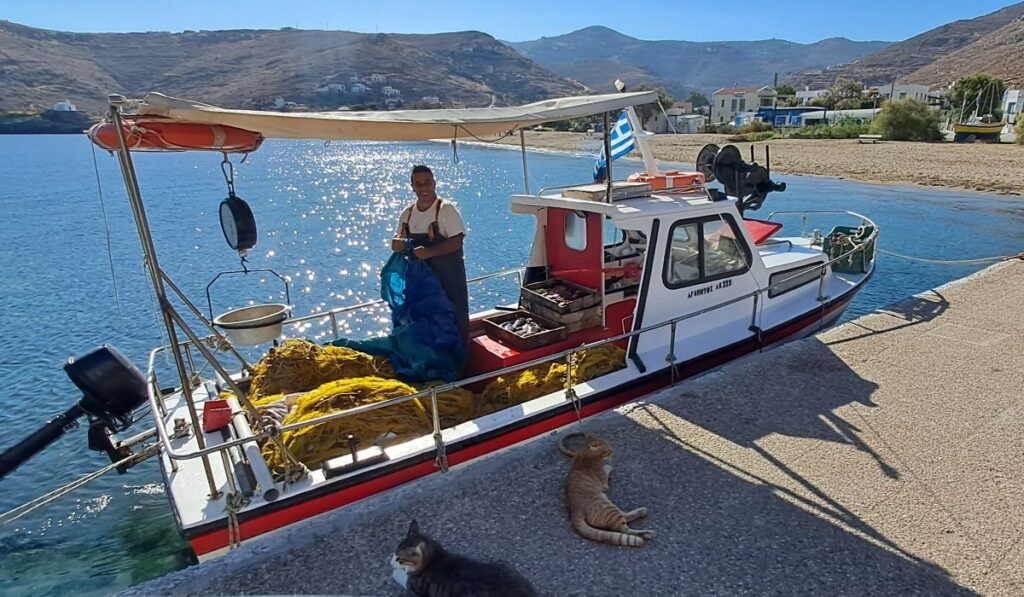 Fisherman in Korrisia, Kea Island smiling  with 2 cats hanging around. 