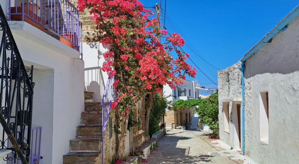 Kea island alley with bougainvillea.