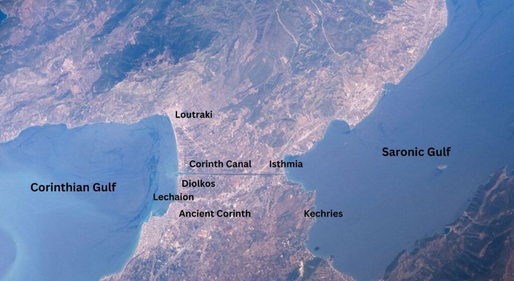 Photo of Corinth Canal by NASA. Names of areas were added by Travel the Greek Way