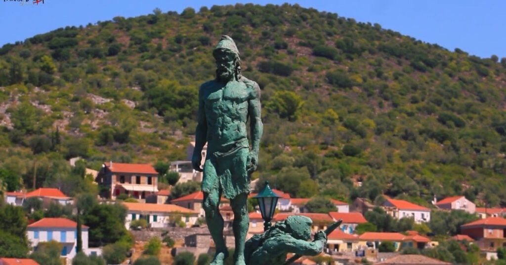 Odusseus statue in Vathy town in Ithaca Greece. 