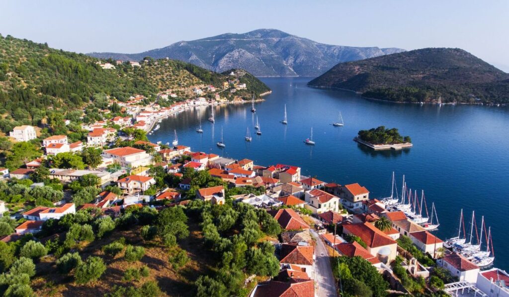 Vathy town with Lazaretto Islet in Ithaca Greece. 