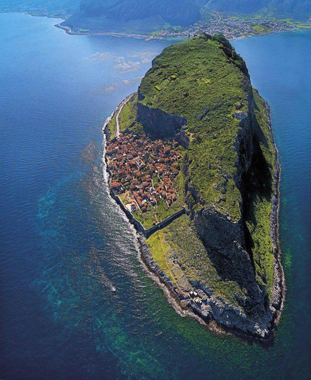 Best Places to Visit in Greece: Monemvasia rock and town from a drone