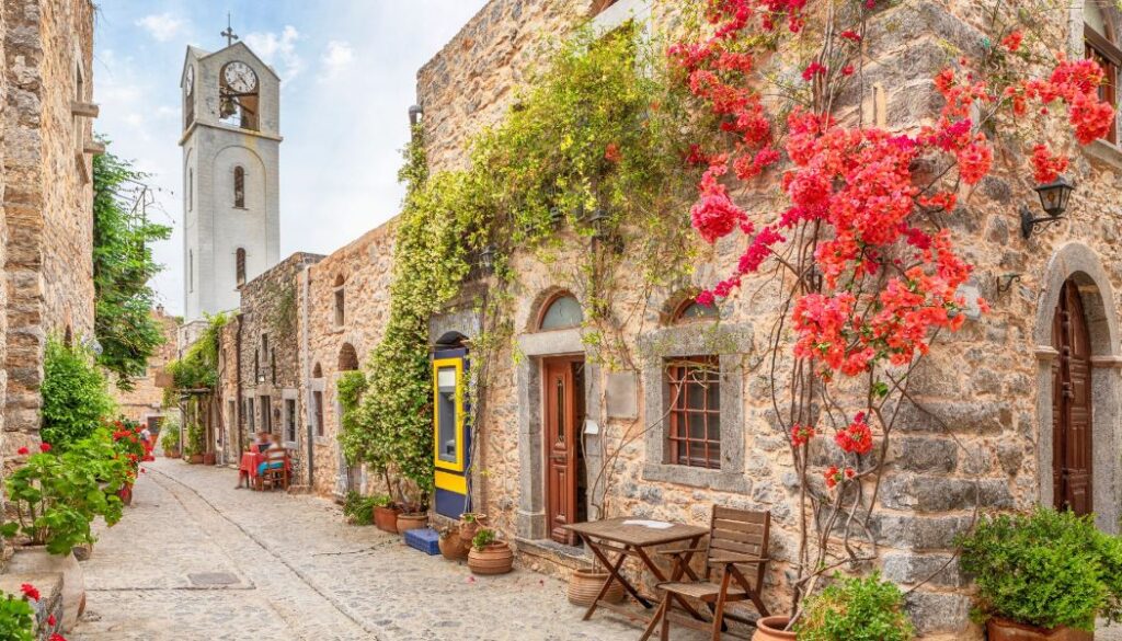 Chios Greece, Mesta village with flowers and a church