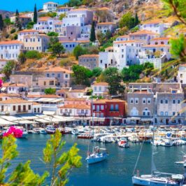 Hydra Greece: the port with neoclassic buildings and yachts