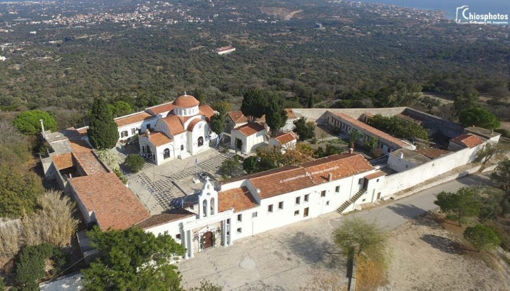 Chios Greece, aerial view of Monastery of Agios Minas