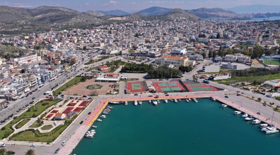 Salamina Greece main port fro a drone. 
