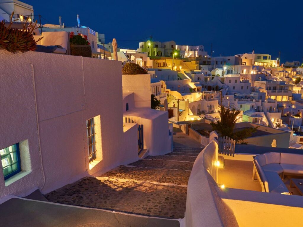 Firostefani steps and lit houses in the evening